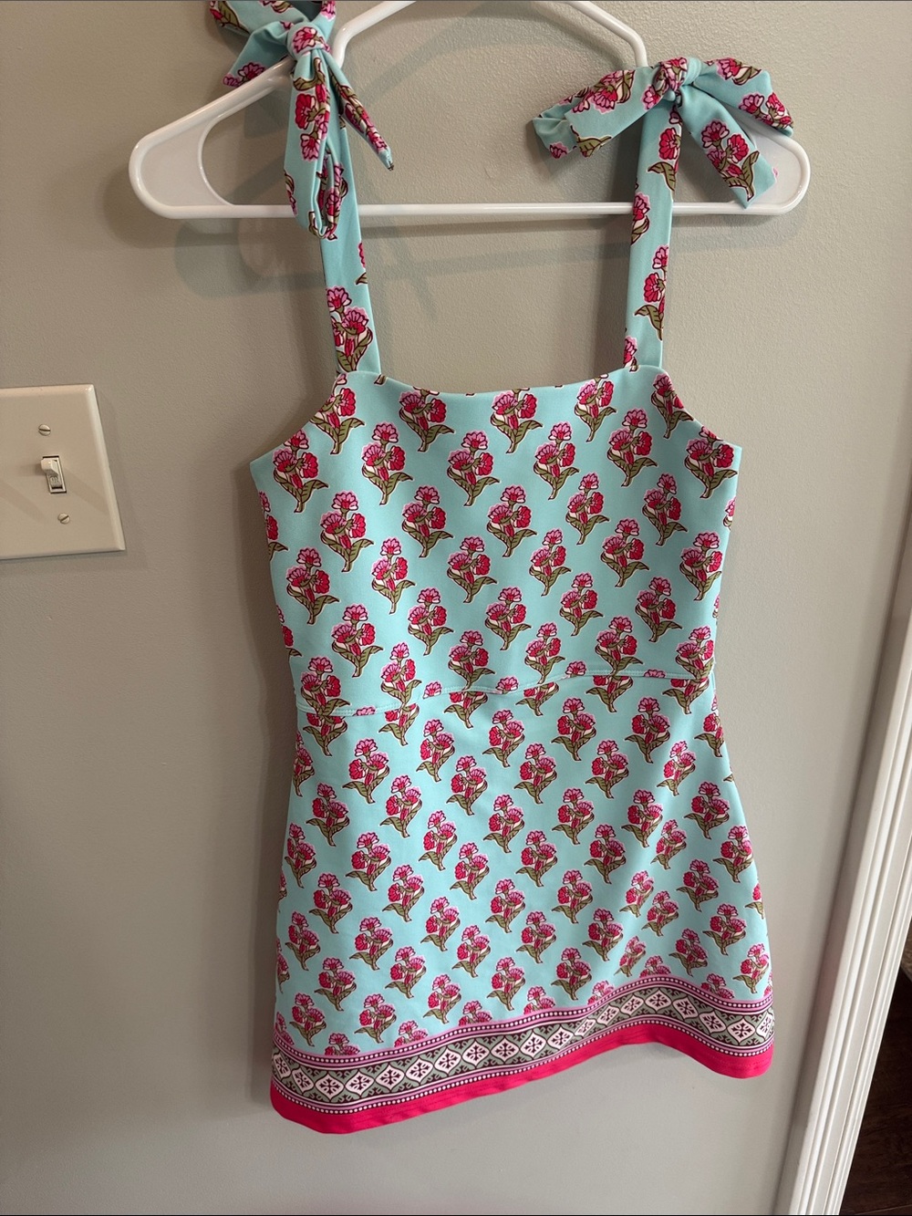 Women’s boutique Floral Tie-Shoulder Dress Top - Aqua with Pink Floral